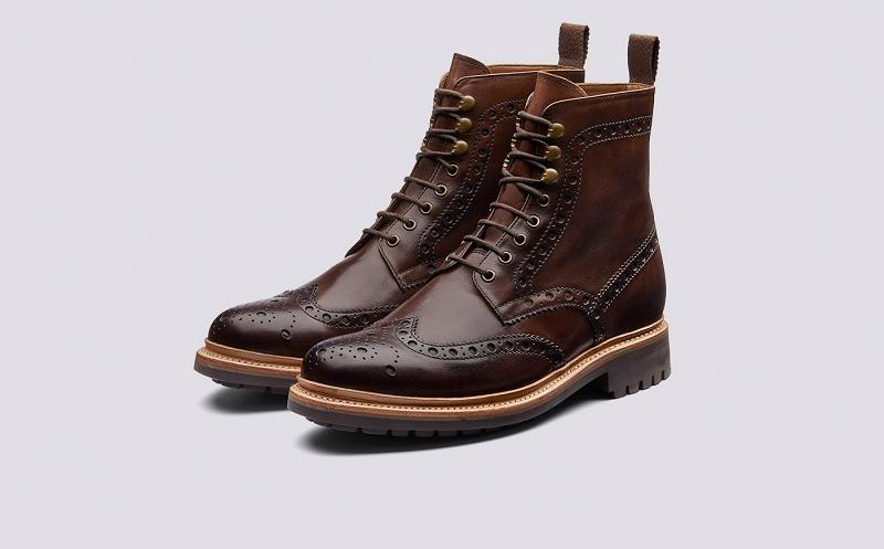 Grenson Fred Mens Brogue Boots - Brown Hand Painted Calf Leather with a Commando Sole XU2369